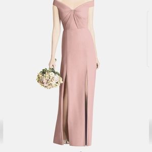 Social Bridesmaids dusty rose pleated bodice slit skirt maxi dress